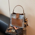 Blue denim and brown leather bucket bag with retro patterned strap and rabbit charm - Blue (With Charm)