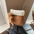 Caramel brown bucket bag in matte suede with white faux fur trim and bear charm - Cream White With Pendant