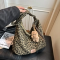 Leopard print canvas tote bag with brown plush puppy pendant for daily office commute - Khaki with Pendant