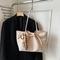 Beige faux suede tote bag with colorful tassel charm and long shoulder straps - Beige With Charm