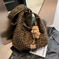 Leopard print canvas tote bag with plush puppy pendant and stylish leather logo patch - Brown with Pendant