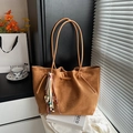 Large dark brown suede tote bag with drawstring detail and colorful beaded tassels - Brown with Pendant