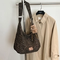 Leopard print canvas tote bag with plush bear charm and vintage hobo silhouette - Coffee with Pendant