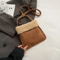 Brown suede bucket bag with fleece trim and adjustable gold buckle strap details - Khaki No Pendant