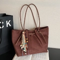 Brown faux suede tote bag for women featuring bohemian fringe and long shoulder straps - Coffee with Pendant