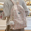 Beiger Cord-Rucksack mit rosa Schleifenprints und weißem Wolken-Plüsch-Anhänger - Weiß mit Anhänger