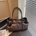Retro deep brown tote bag with pleated leather texture and slim strap charm detail - Coffee