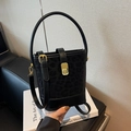 Vintage black leopard print bucket bag with gold hardware and top handle for women - Black