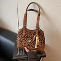 Retro leopard print tote bag with brown leather straps and colorful beaded charm - Leopard Print Brown With Pendant