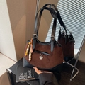 Vintage leopard-print tote bag in brown suede with black bow and heart charm - Coffee with Pendant