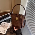 Vintage leopard print bucket bag in dark brown suede with elegant gold metal clasp - Brown