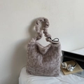 Taupe plush shoulder bag featuring a stylish ruched cloud-style strap for women - Dark Brown