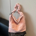 Chic pink plush scrunchie handle shoulder bag with trendy cloud style fluffy faux fur finish - Pink