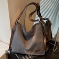 Minimalist grey canvas tote bag with brown leather straps and branded RUIAOBA leather patch - Dark Brown