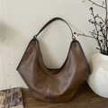 Deep brown large hobo bag with vintage pleated texture and adjustable strap - Brown