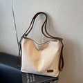 Minimalist cream canvas tote bag with dark brown straps and leather logo patch - Off-white