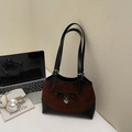 Retro brown suede shoulder bag with black leather trim and bow knot detail - Coffee without Pendant