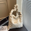 Chic beige plush shoulder bag with trendy ruched handle and adjustable drawstring - Beige
