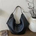 Elegant black faux leather hobo shoulder bag with large capacity and grainy texture - Black