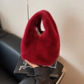 Burgundy faux fur bucket bag with silver metal chain for stylish winter shoulder wear - Burgundy