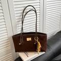 Dark brown suede tote bag with metallic logo and colorful wooden bead keychain charm - Coffee with Pendant