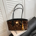 Leopard print shoulder bag with black leather handles and gold logo plate - Black Leopard with Charm