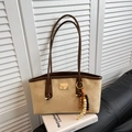 Leopard print commute tote bag in beige suede with brown leather trim and beaded tassel - Khaki with Pendant