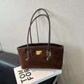 Dark brown suede shoulder bag with gold metal logo plaque and sleek faux leather straps - Coffee without Pendant