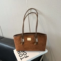Deep brown matte suede tote bag with golden logo plaque and long leather handles - Brown No Pendant