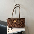 Leopard print tote bag with brown leather handles and golden metal logo plate detail - Brown Leopard without Pendant