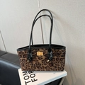 Leopard print tote bag with black leather straps and gold hardware for women - Black Leopard Print Without Pendant