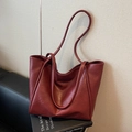 Deep red large capacity tote bag with long straps made of soft leather material - Burgundy