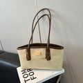 Minimalist leopard-print khaki suede tote bag with brown leather handles and gold nameplate - Khaki (No Pendant)