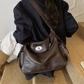 Dark coffee large tote bag in faux leather with silver oval twist lock and wide strap - Brown
