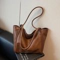 Large vintage brown faux leather tote bag with fine texture and slim shoulder straps - Dark Brown