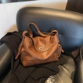 Minimalist brown large capacity tote bag in vintage faux leather with silver clasp buckle - Brown