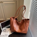 Minimalist large brown leather tote bag with vintage texture and long shoulder straps - Light Brown