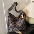 Dark grey leopard print canvas tote bag with wooden bead charm and wide shoulder strap - Large Pattern With Charm / Grey Leopard