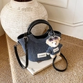 Denim bucket bag with contrast black handles and a cute teddy bear charm pendant - Black with Pendant
