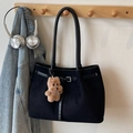 Black vintage tote bag in matte texture with brown bear pendant and metal buckle detail - Black with Pendant