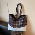 Scottish plaid patchwork tote bag with blue accents and large capacity for commuting - Blue