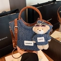 Dark blue denim bucket bag with brown leather handles and cute bear charm pendant - Brown with Pendant