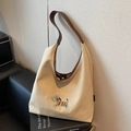 Sac bandoulière en toile beige avec anses en cuir marron et broderie zèbre colorée - Khaki