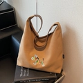 Sac fourre-tout en toile kaki avec broderie zèbre et poignées en cuir marron - Marron