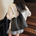Fashionable black woven tote bag with wide shoulder straps in a minimalist casual style - Black