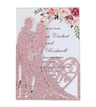Pink glitter laser-cut wedding invitation with Mr & Mrs silhouette and floral insert - Glitter Pink