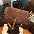 Dark brown teddy fleece saddle bag with leather trim and gold metal ring accent - Brown
