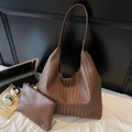 Brown woven leather shoulder bag set with matching pouch in a minimalist urban style - Shoulder Bag Set / Brown