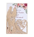 Detail of laser-cut gold glitter wedding invitation with Mr & Mrs silhouette and floral card - Glitter Rose Gold