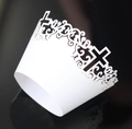 Close-up of laser-cut white cupcake wrapper with elegant hollow cross patterns - 5cm / White